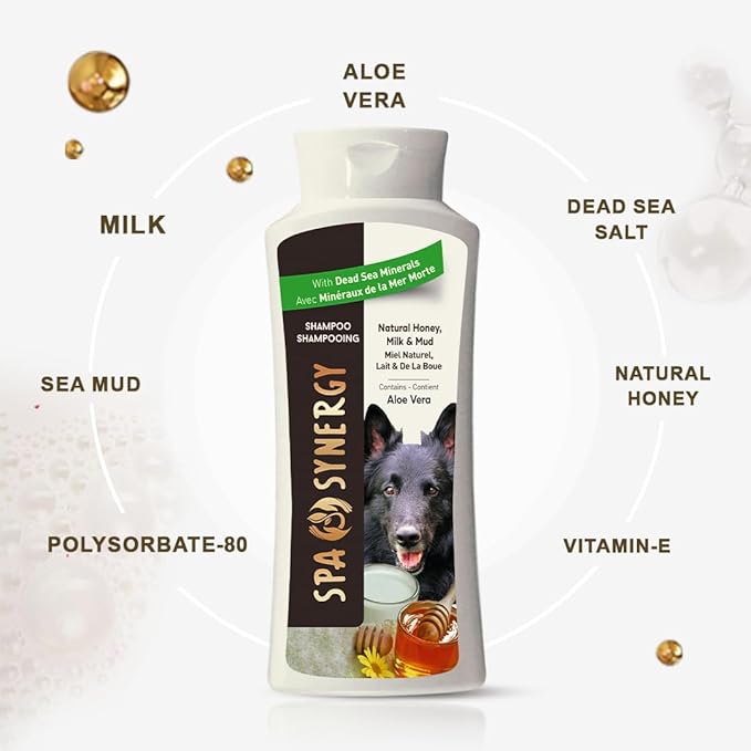 Pet Dog Shampoo Mud and Natural Dead Sea Mineral Rich, Aloe Vera & Vitamin-E, Soothing, Soften & Shiny Coat, Cleansing - Natural Honey & Milk - (1) Bottle 16.5 FL OZ