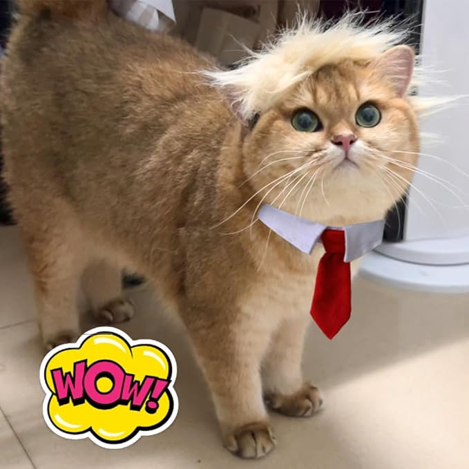 Trump Style Pet Costume Dog Wig, Dog Clothes with Collar & Tie Head Wear Apparel Toy for Halloween, Christmas, Parties, Festivals (Light Brown with Tie)