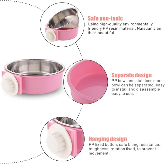 Crate Dog Bowl Removable Stainless Steel Water Food Feeder Bowls Cage Coop Cup for Cat Puppy Bird Pets (Large, Pink)