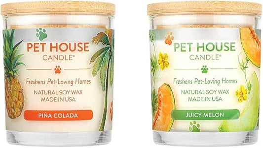 Pet House 9 oz Pina Colada and Juicy Melon Scented Pet Odor Candle, Clean Burning, Long Lasting, Plant Based Spring, Summer Scented Soy Candles, 60 Hour Burn Time, Pack of 2