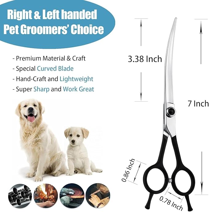 Dream Reach 7" Downward Curved Dog Grooming Scissors for Trimming Face and Paws, Safety Cutting Shears for Pet Dogs and Cats, Professional Pet Grooming Scissors Black