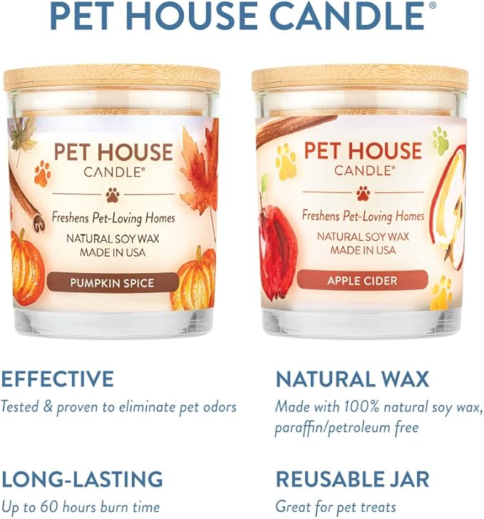 One Fur All Pet House Pumpkin Spice and Apple Cider Candles 2 Pack - Plant-Based/Soy Candle - Clean Burning Scented Candles, Long Lasting Pet Odor Candle for Home