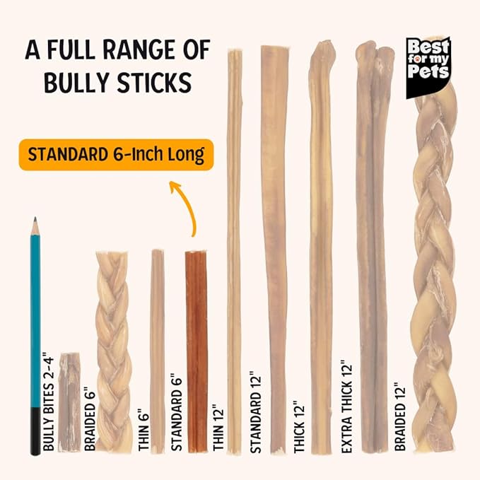 Best For My Pets Odor Free Bully Sticks, Long-Lasting Chews to Keep Puppies and Dogs Happily Busy, All-Natural Fully Digestible, 6-Inch Long, 8-Ounce Bag