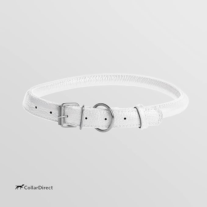 CollarDirect Rolled Leather Dog Collar, Soft Padded Round Puppy Collar, Handmade Genuine Leather Collar Dog Small Large Cat Collars 13 Colors (20-23 Inch, White Textured)