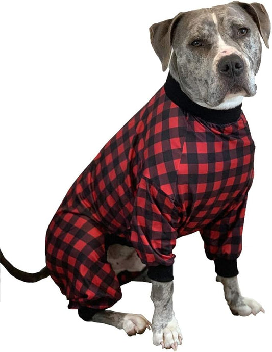 Tooth & Honey Pit Bull Pajamas – Buffalo Plaid Lightweight Pullover with Full Coverage – Updated Fit Dog PJs