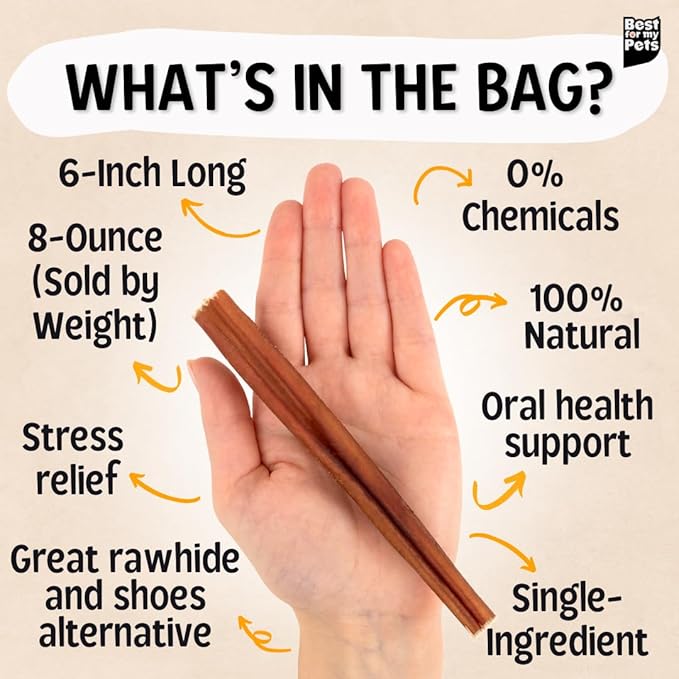 Best For My Pets Odor Free Bully Sticks, Long-Lasting Chews to Keep Puppies and Dogs Happily Busy, All-Natural Fully Digestible, 6-Inch Long, 8-Ounce Bag
