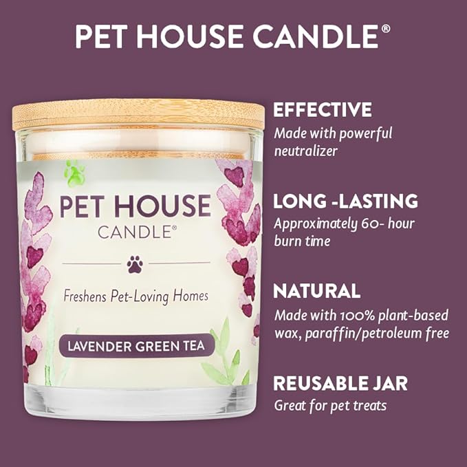 One Fur All Pet House Candles 2 Pack - Plant-Based/Soy, Clean Burning, Long Lasting Pet Odor Candle for Home - Lavender Green Tea