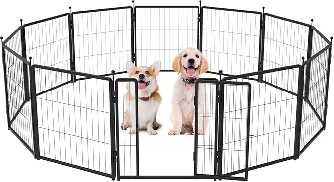 Dog Playpen for Indoor & Outdoor Use – Heavy-Duty Metal Pet Fence with Ground Stakes, Rounded Ball Tops for Safety, Stable & Foldable Design, Easy to Assemble 24 inch 12 Panels