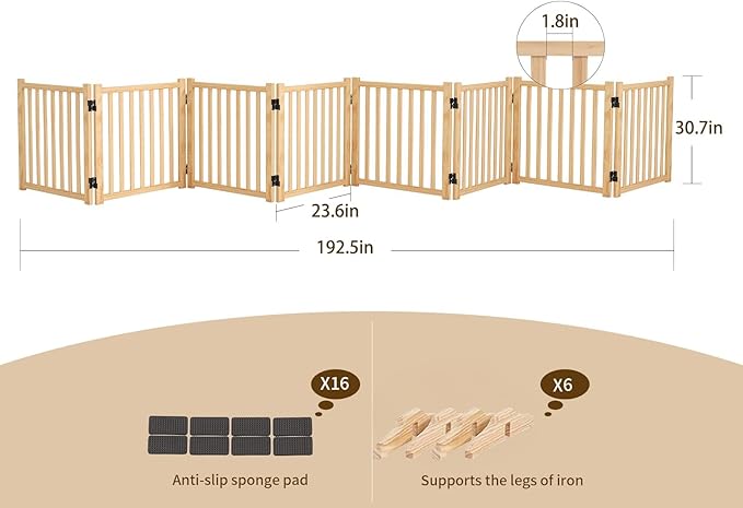 Ball & Cast 31" Wooden Freestanding Dog Gate with 360° Folding Hinges,8-Panel U/Z-Shaped Adjustable Pet Fence for Doorways & Stairs,Indoor Step-Over Barrier,Apartment,Living Room,Natural