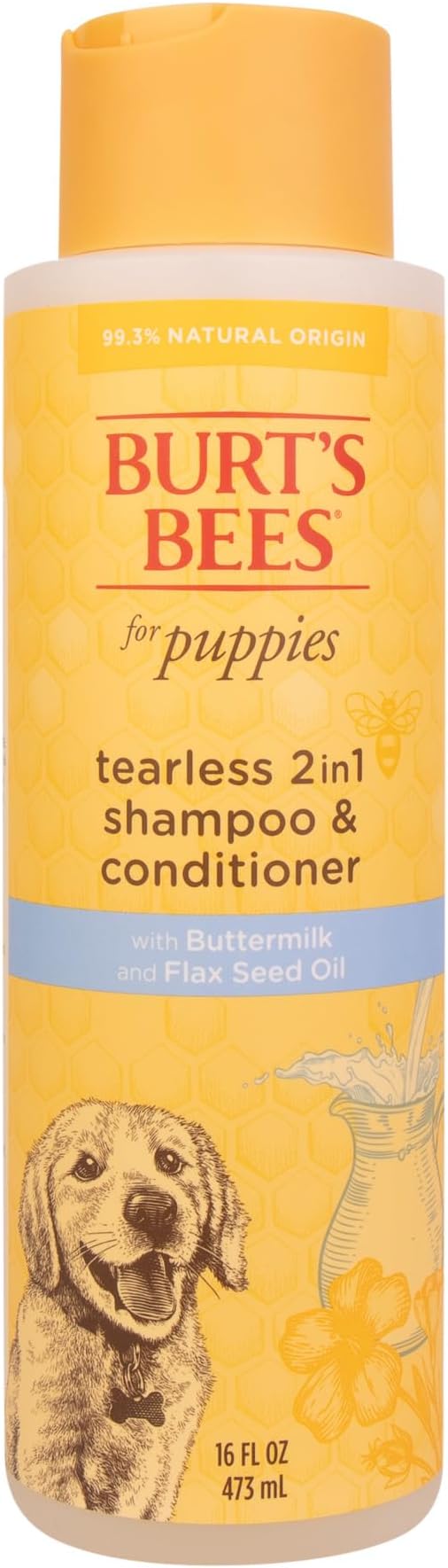 Burt's Bees for Pets Tearless Puppy 2-in-1 Shampoo and Conditioner with Buttermilk and Linseed Oil, 95% Natural Origin Formulas, Shampoo for Puppies - Gentle Puppy Shampoo Tear Free, 16 oz