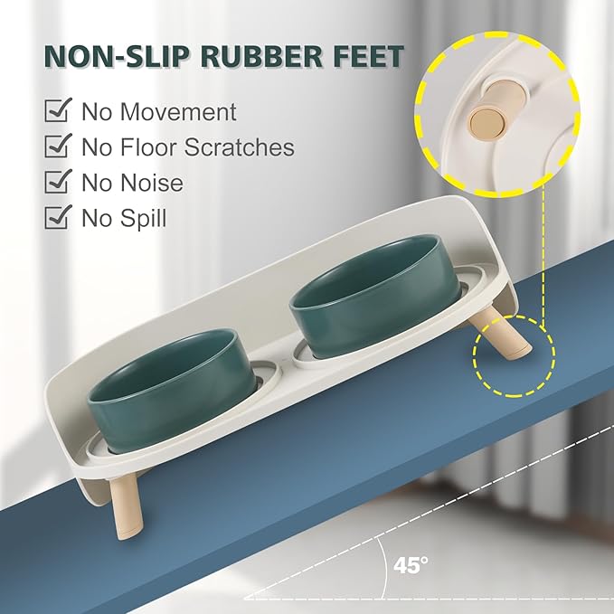 Elevated Ceramic Cat Bowl Set - Raised Double Dishes for Food & Water - Non-Slip Stand & Splash Proof - for Cats & Puppies - 2 x 480 ML - 16.23 OZ