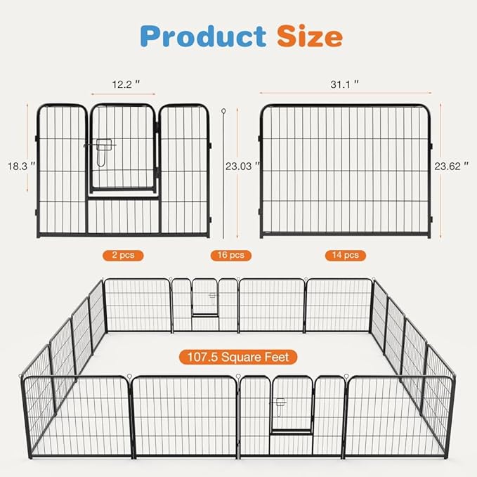 Dog Playpen, 16 Panel 24” Height Puppy Fence Exercise Pen for Yard Gate, Indoor Outdoor Heavy Duty Anti-Rust Metal Playpens with Doors Portable for RV Camping - Small/Medium/Large Pets