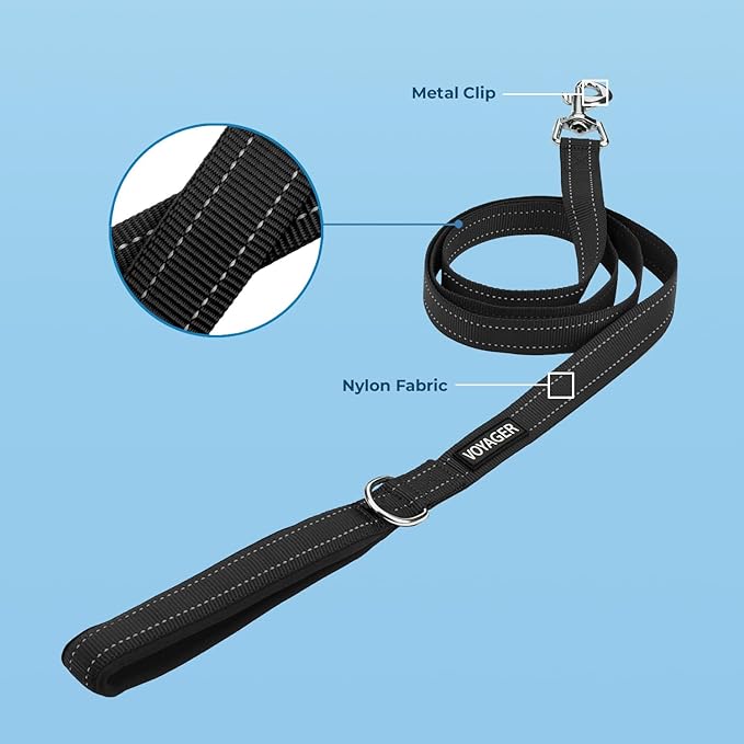 Voyager Reflective Dog Leash Collar Set with Neoprene Handle Supports Small, Medium, and Large Breed Puppies, Cute and Heavy Duty for Walking, Running, and Training - Black, S