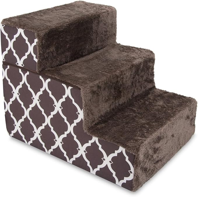 Best Pet Supplies Portable Foldable Foam Pet Stairs/Steps for Couch, Sofa, and High Bed, Non-Slip Bottom Balanced Paw Safe - Brown Lattice Print, Foldable 3-Step (H: 16.5")