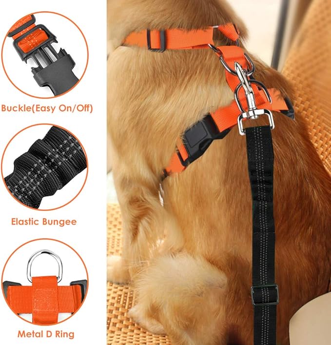 SlowTon Dog Seat Belt Harness for Car, Dog Car Harness Adjustable Mesh Breathable & Dog Seatbelt Safety Tether with Elastic Bungee for Small Medium Large Pets