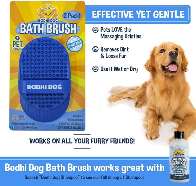 Bodhi Dog Shampoo Brush - Pet Grooming & Bath Supplies for Cats and Dog - Bath Brush for Long & Short Hair - Premium Scrubber for Shower, Bathing & Massage (Two Pack, Blue)