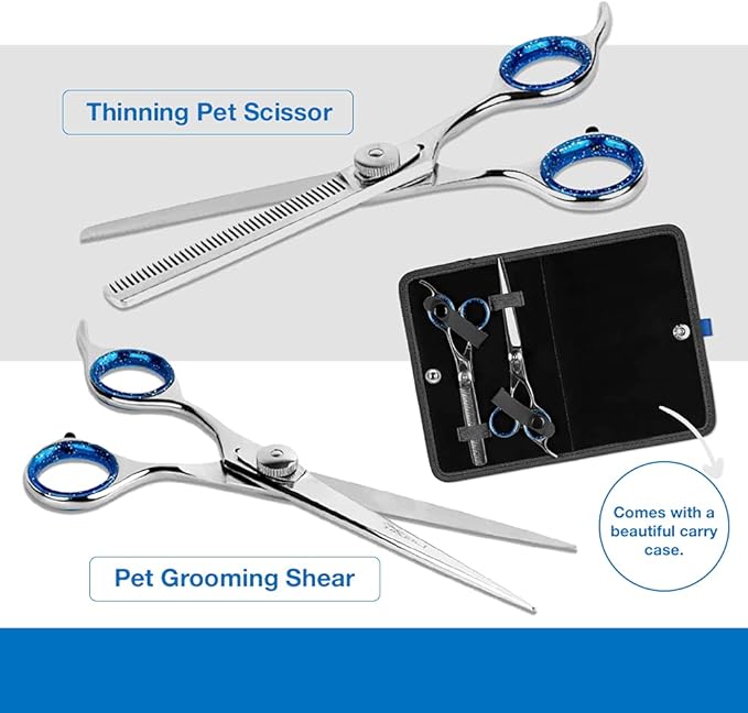 Laazar Pet Grooming Set - 7" Straight Pet Grooming Scissors & 6.5" Pet Thinning Shears with 42 Teeth | Professional Dog Shearing Scissors Kit | Use as Dog Shears, Cat Shears, Rabbit Shears