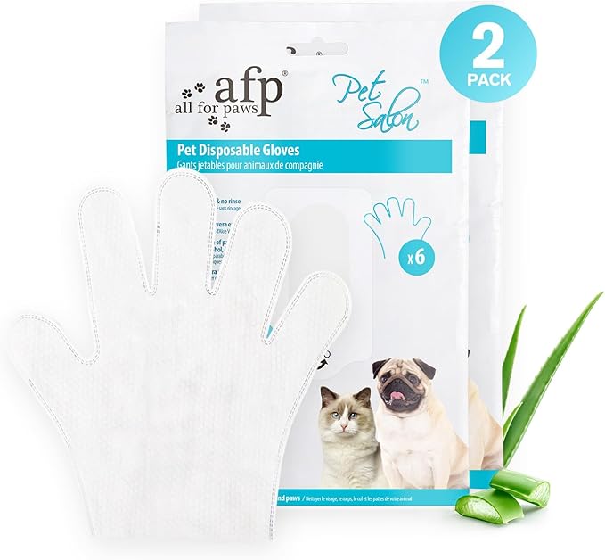 ALL FOR PAWS Cleaning & Deodorizing Bathing Wipes for Dogs and Cats Pet Grooming Wipes for Face, Body and Paws, Moisturizing No-Rinse Disposable Gloves 9 x 5 inchs 6pcs x 2