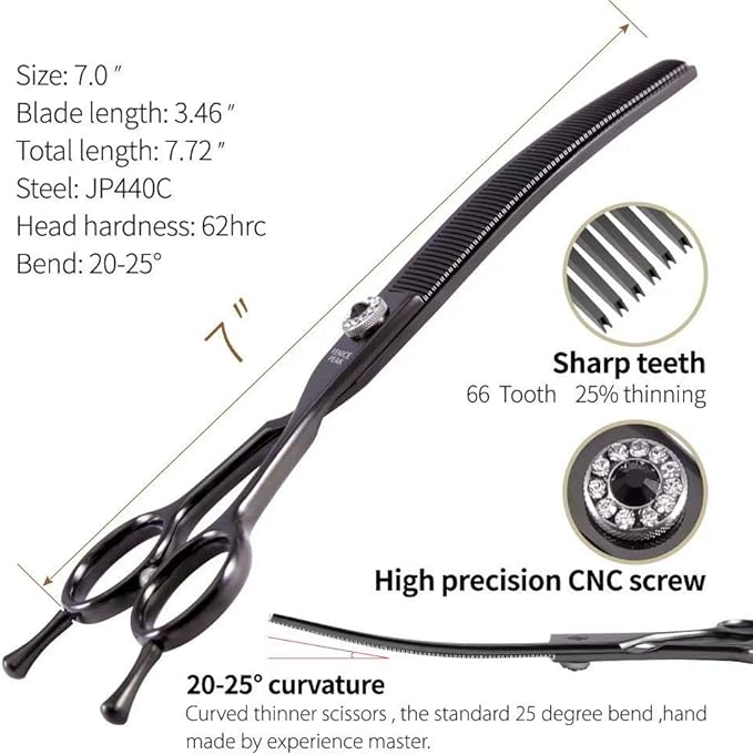 Fenice Peak Professional Dog Grooming Scissors Pet Curved Thinning Shears 7.0'' Extremely Sharp Blades 440C Steel Thinning Scissors Durable Smooth Motion & Fine Cut for Dogs and Cats(Black)