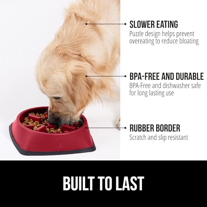 Gorilla Grip Slow Feeder Dog and Cat Bowls, Interactive Puzzle Toy for Dogs and Cats Food Training, Keeps Pets Busy and Prevents Puppy Overeating, Large, Small Breeds, 100% BPA Free, 2 Cup Red