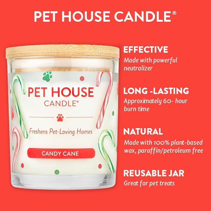 One Fur All Pet House Candle - Plant-Based/Soy, Long Lasting, Pet Odor Eliminating Scented Candle - Candy Cane