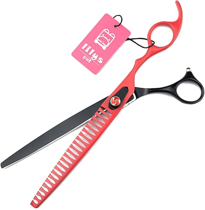 LILYS PET HIGH-END SERIES 8-Inch Japanese 440C Pet Dog Chunker Shears,Fishbone-shaped Big Tooth Professional Pet Grooming Chunker Scissors With Beautiful Red Screw (Black-Red)