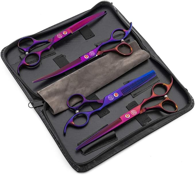 Moontay Professional 7.0" Dog Grooming Scissors Set, 4-pieces Straight, Upward Curved, Downward Curved, Thinning/Blending Shears for Dog, Cat and Pets, JP Stainless Steel, Purple