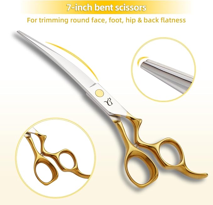 Dog Grooming Scissors,Curved Chunkers Shears Dog Grooming with Safety Round Tips, Sharp and Comfortable 4 in 1 Dog Scissors for Grooming