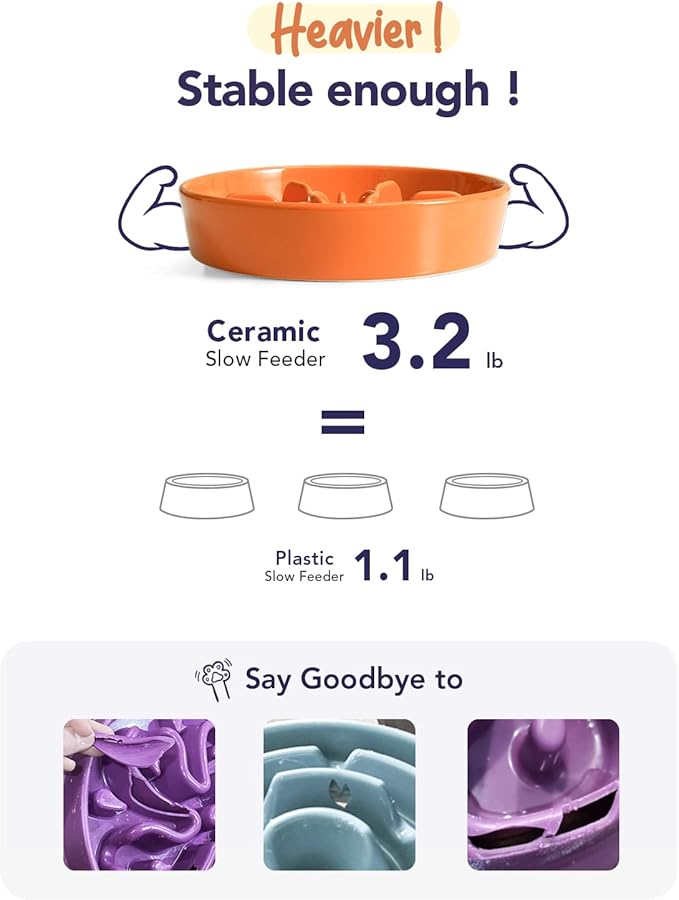 LE TAUCI Ceramic Slow Feeder Dog Bowls Elevated for Small and Medium Breed, Dog Bowls with Wooden Stand, 1.5 Cups Dog Dishes to Slow Down Eating, Anti-Gulping Pet Feeding Dishes, Sun Orange