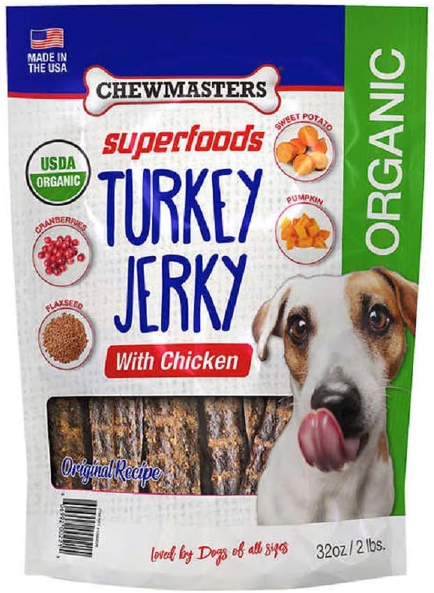Organic Superfoods Turkey Jerky Dog Treats with Chicken, 2 Pound Bag, USDA Premium Organic Turkey, Made in The USA, by-Product Free, Real Meat Dog Treat, All Life Stages