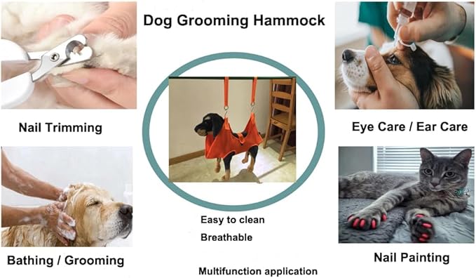 Dog Grooming Hammock with Flea Comb and Dog Nail Clipper, Pet Dog Grooming Hammock Harness with Cat Nail Clipper, Nail File and Dog Brush, Dog Sling for Nail Clipping/Nail Trimming (L, Orange)