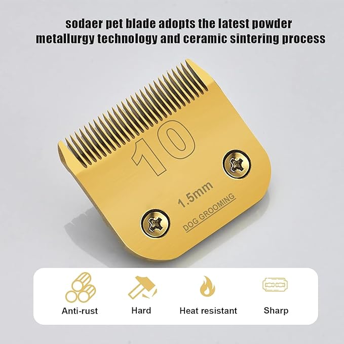 3 PC#10 Clipper Blade Dog Grooming Compatible with Andis/Wahl/Oster Dog Clippers, Carbon Infused Steel Detachable Ceramic Sharp Edge,1/16 -Inch 1.5mm Cut Length (Gold)