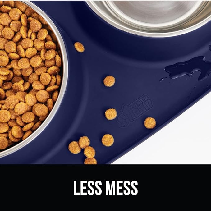 GORILLA GRIP Patent Pending 100% Waterproof BPA Free Cat and Dog Bowls Silicone Feeding Mat Set, Stainless Steel Bowl Slip Resistant Raised Edges, Catch Water, Food, Pet Accessories, 2 Cup, Navy Blue
