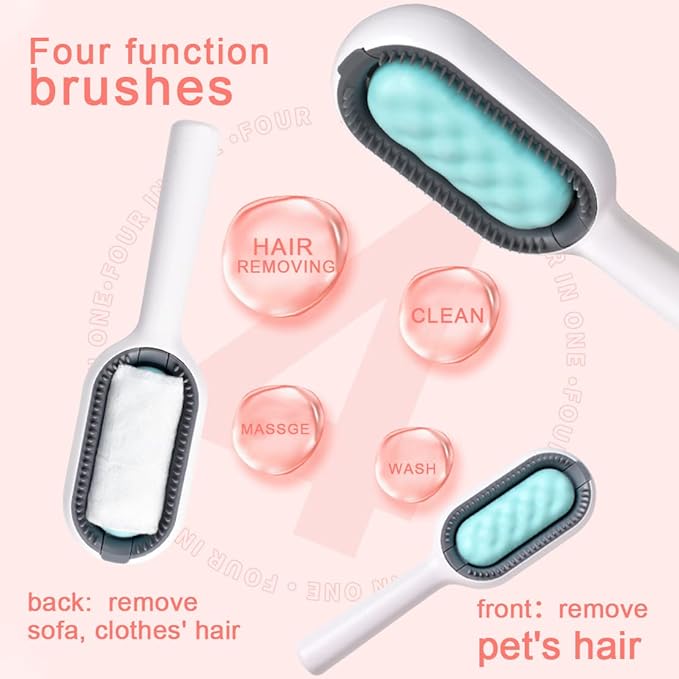Cat Hair Brush 4 in 1, Pet Hair Removal Comb Universal Pet Knots Remover Multifunctional Dog Cleaning Brushes with Finger Cover for Short-Hair Pets Grooming Matted Fur (Blue)