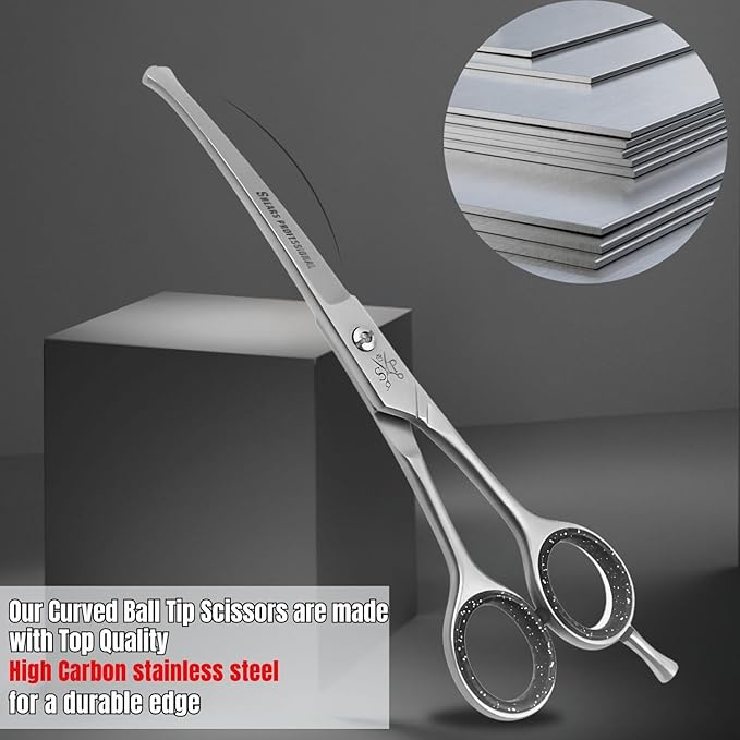Dog Grooming Scissors, Hair Cutting Shears with Ball Tip Curved,Grooming Scissor for Pet, Scissors for Dogs,Safety Round Tips, Barber Supplies Pet and Saloon Use (Ball CVD 6.5)