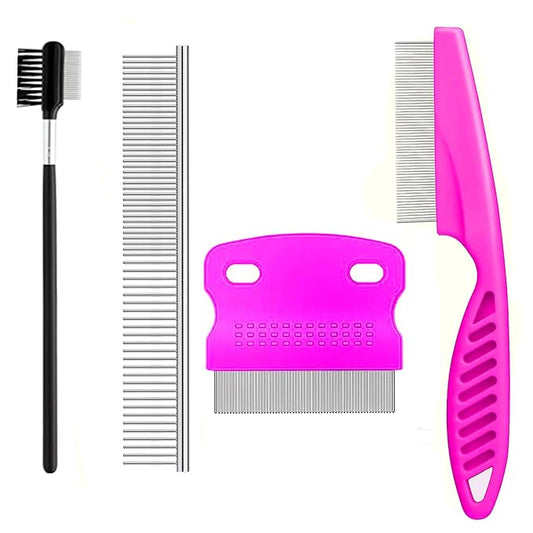 4 Pcs Pet Grooming Kit for Small Long and Short Haired Dogs, Cats & Puppies, Flea & Lice Comb, Tear Stain Remover, Fine-Toothed Comb for Knots, Crust & Mucus (Pink)