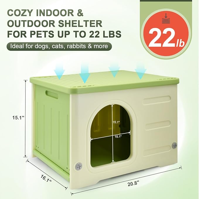 Outdoor Pet Kennels House – Waterproof & Insulated Shelter for Feral Cats & Dogs, Weatherproof Elevated Pet House for Outdoor/Indoor Use, Sturdy Plastic Pet Bed, Easy Assembly