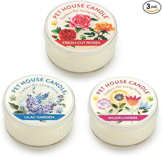 One Fur All Pet House Mini Candles for Pet Odor Made with Natural Soy Wax, Plant Based, Dog and Cat Friendly Scented Candles, Floral Variety Pack of 3