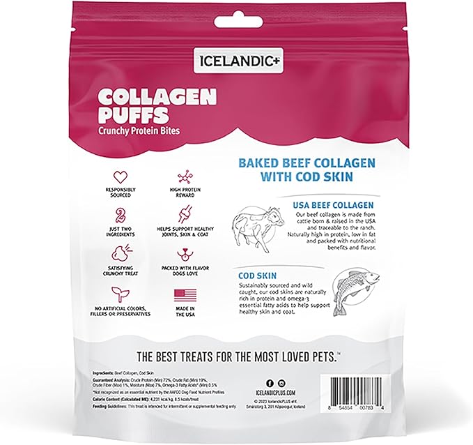 Icelandic+ Collagen Puffs: Baked Beef Collagen with Cod Skin 2.5oz - Treats for Med-Lg Dogs, Crunchy Protein Bites