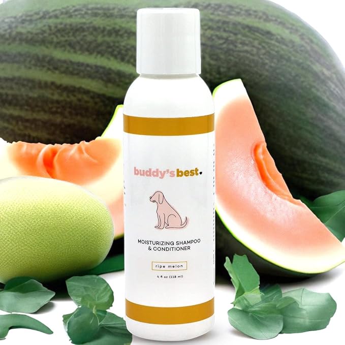 Buddy’s Best 4oz Travel-Size Dog Shampoo and Conditioner with Shea Butter, Oatmeal, Biotin, and Aloe Vera, Alcohol-Free Deep Moisturizer for Dry, Itchy Skin and Coats (Ripe Melon)