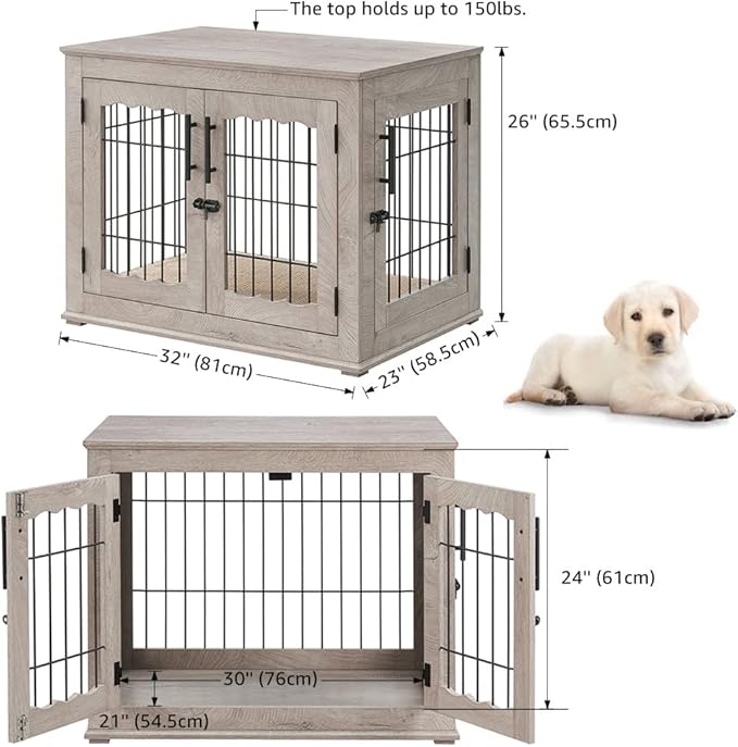beeNbkks Furniture Style Dog Crate End Table, Double Doors Wooden Wire Dog Kennel with Pet Bed, Decorative Pet Crate Dog House Indoor Medium Large