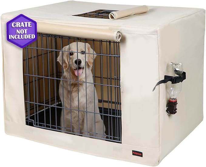 Dog Crate Cover 24 Inch - Waterproof Kennel Cover with Top Window, 600D Oxford Fabric Dog Cage Cover Fit for Most Double Door Wire Crate, Unique Drinking Hole Design, Beige (Cover Only)