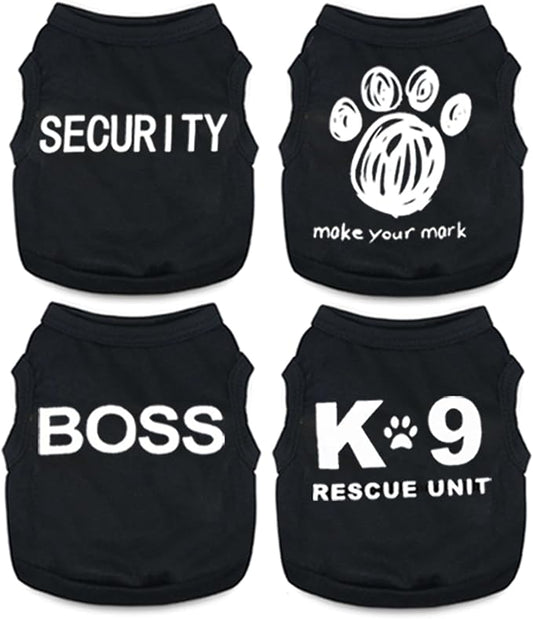 4-Pack Dog Clothes for Small Dogs Boy Male Summer Black Letter Security Puppy Shirts Cute Cool Breathable Clothes for Chihuahua Yorkie Shih Tzu Dachshund Pet Cat Outfit Clothing, Medium