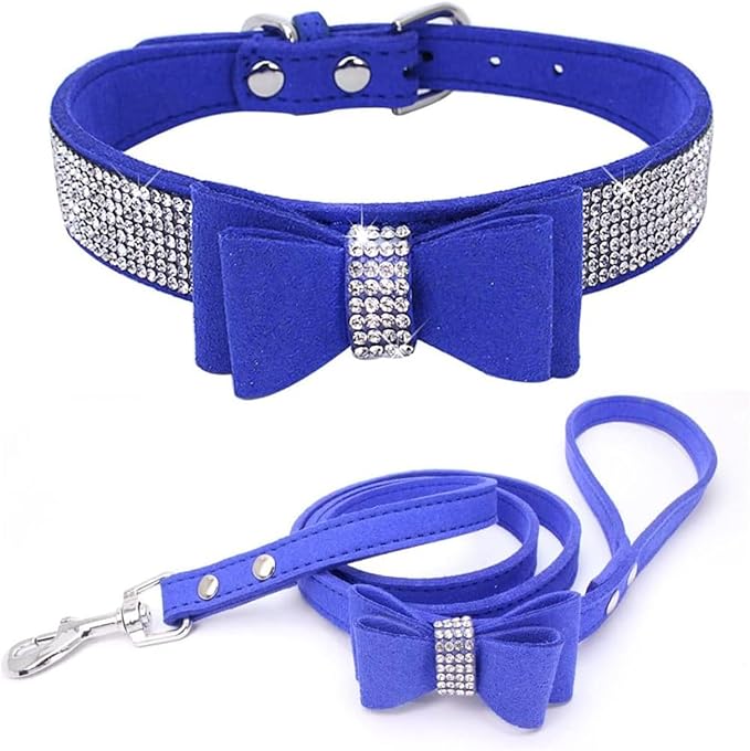 Rhinestone Bowtie Small Dog Collar and Leash Set, Diamond Puppy Collars Bow Crystal Bling Jeweled Glitter Girl Female Adjustable for XXSmall X-Small Small Medium Large Dogs (Dark Blue-1,XSmall)