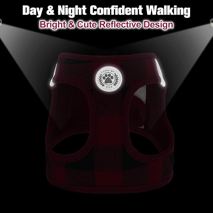 BEAUTYZOO Small Dog Harness and Leash Set,Step in No Chock No Pull Soft Mesh Dog Harnesses Reflective for Extra-Small/Small Medium Puppy Dogs and Cats, Plaid Dog Vest Harness for XS S Pets, Red S