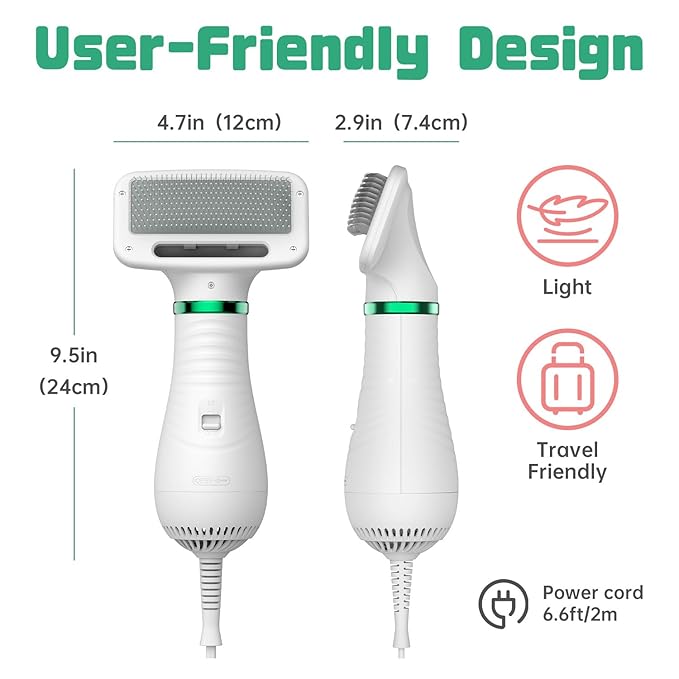 Pet Hair Dryer, 2-in-1 Dog Hair Brush Dryer With Slicker Brush, 300W Pet Grooming Dryer for Small and Medium-Sized Dogs and Cats, Portable ＆ Adjustable Temperature
