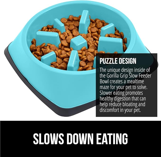 Gorilla Grip Slow Feeder Dog and Cat Bowls, Interactive Puzzle Toy for Dogs and Cats Food Training, Keeps Pets Busy and Prevents Puppy Overeating, Large, Small Breeds, 100% BPA Free, 2 Cup Turquoise