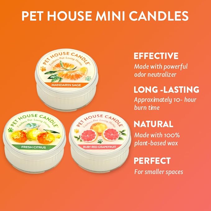 One Fur All Pet House Mini Candles Made with Natural Soy Wax, Plant Based, Pet Friendly Scented Candles, Citrus Variety Pack of 3