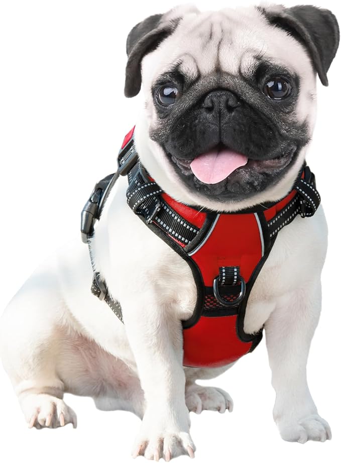 PHOEPET Reflective Dog Harness Large Breed Adjustable No Pull Vest with Handle 2 Metal Rings 3 Buckles [Easy to Put on & Take Off](XL, Red)
