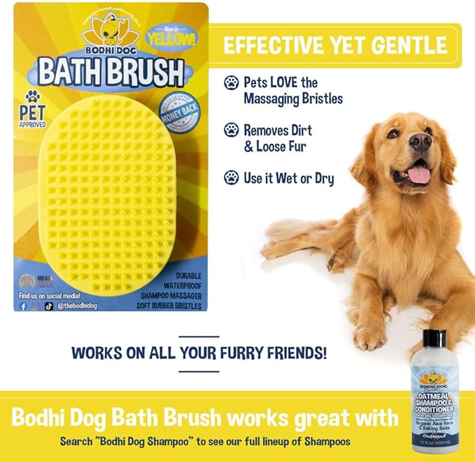 Bodhi Dog Shampoo Brush - Pet Grooming & Bath Supplies for Cats and Dog - Bath Brush for Long & Short Hair - Premium Scrubber for Shower, Bathing & Massage (One Pack, Yellow)